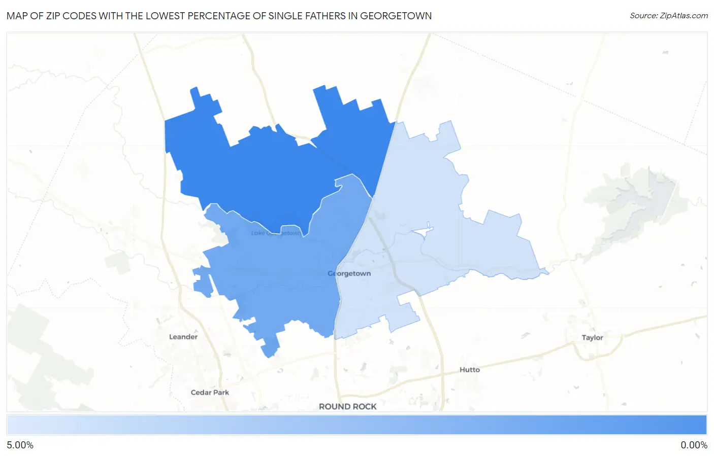 Zip Codes with the Lowest Percentage of Single Fathers in Georgetown Map
