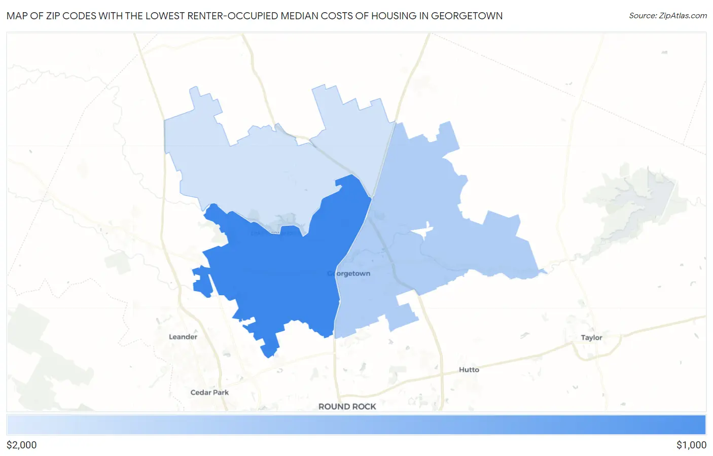 Zip Codes with the Lowest Renter-Occupied Median Costs of Housing in Georgetown Map