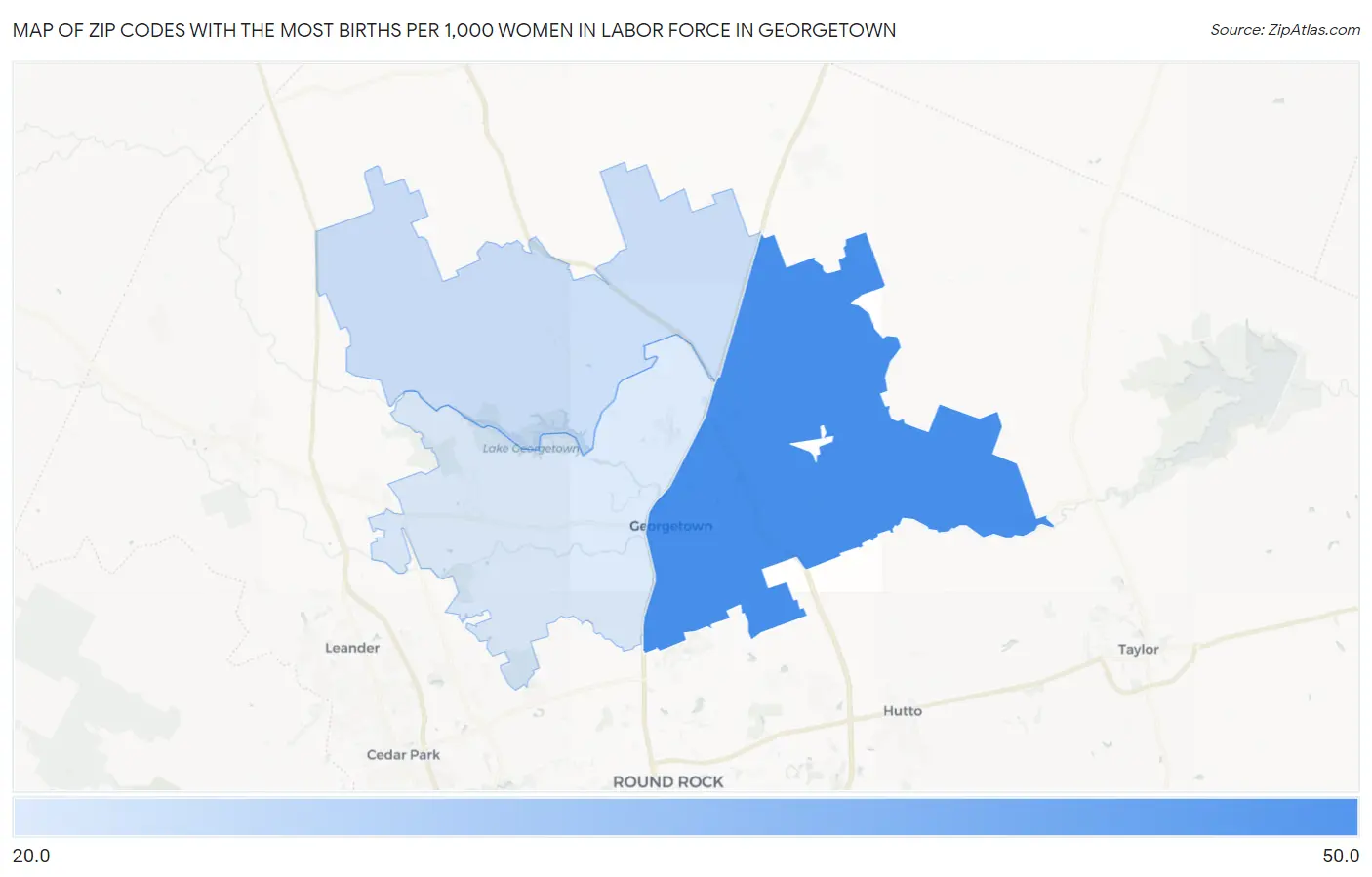 Zip Codes with the Most Births per 1,000 Women in Labor Force in Georgetown Map