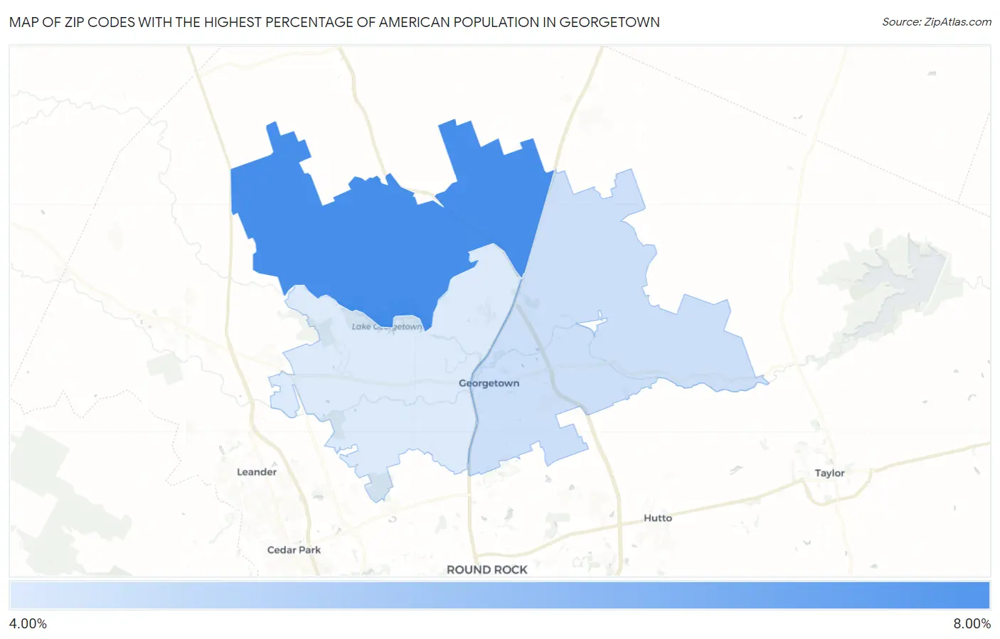Zip Codes with the Highest Percentage of American Population in Georgetown Map