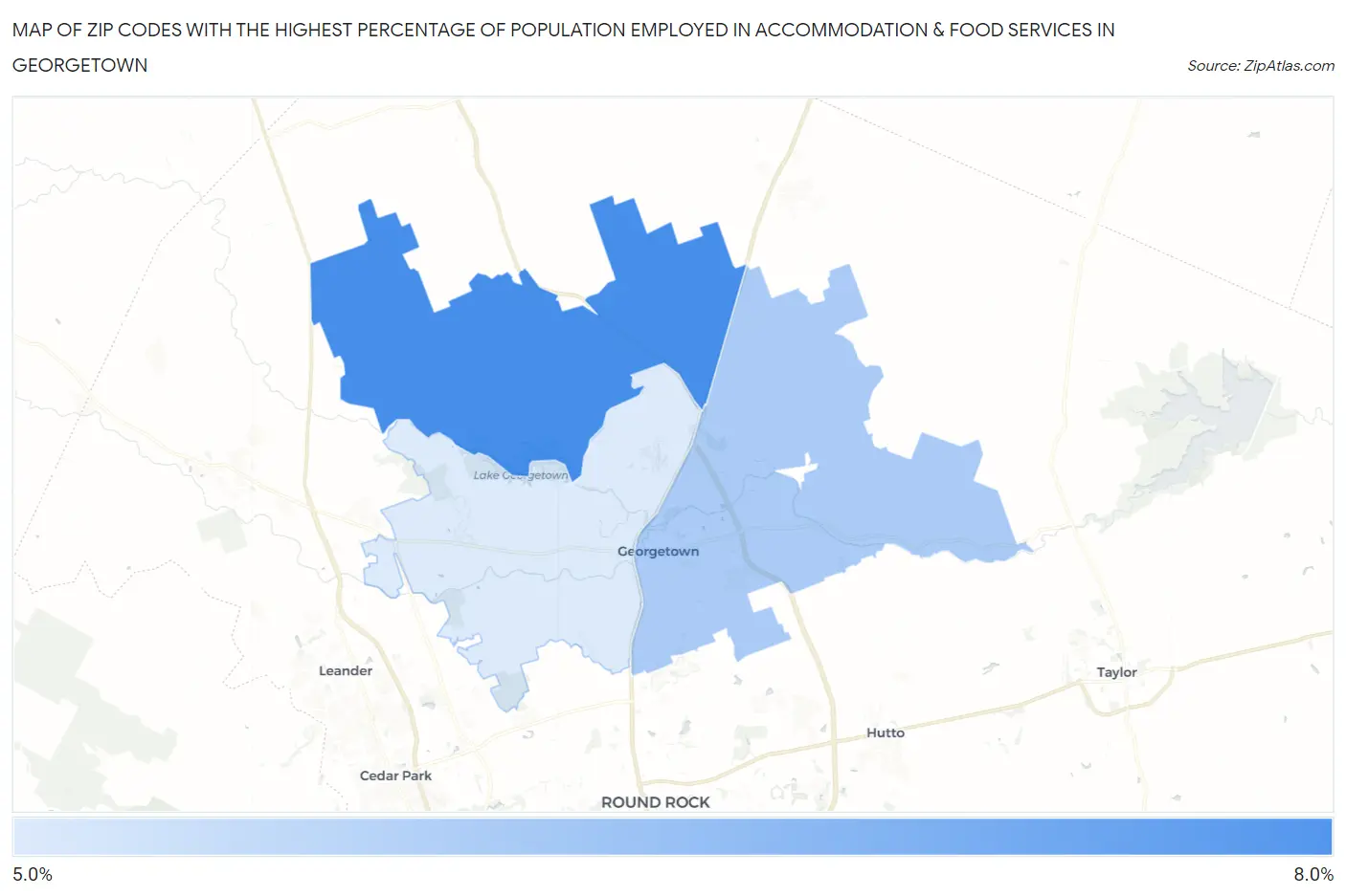 Zip Codes with the Highest Percentage of Population Employed in Accommodation & Food Services in Georgetown Map