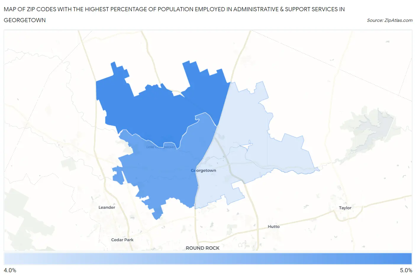 Zip Codes with the Highest Percentage of Population Employed in Administrative & Support Services in Georgetown Map