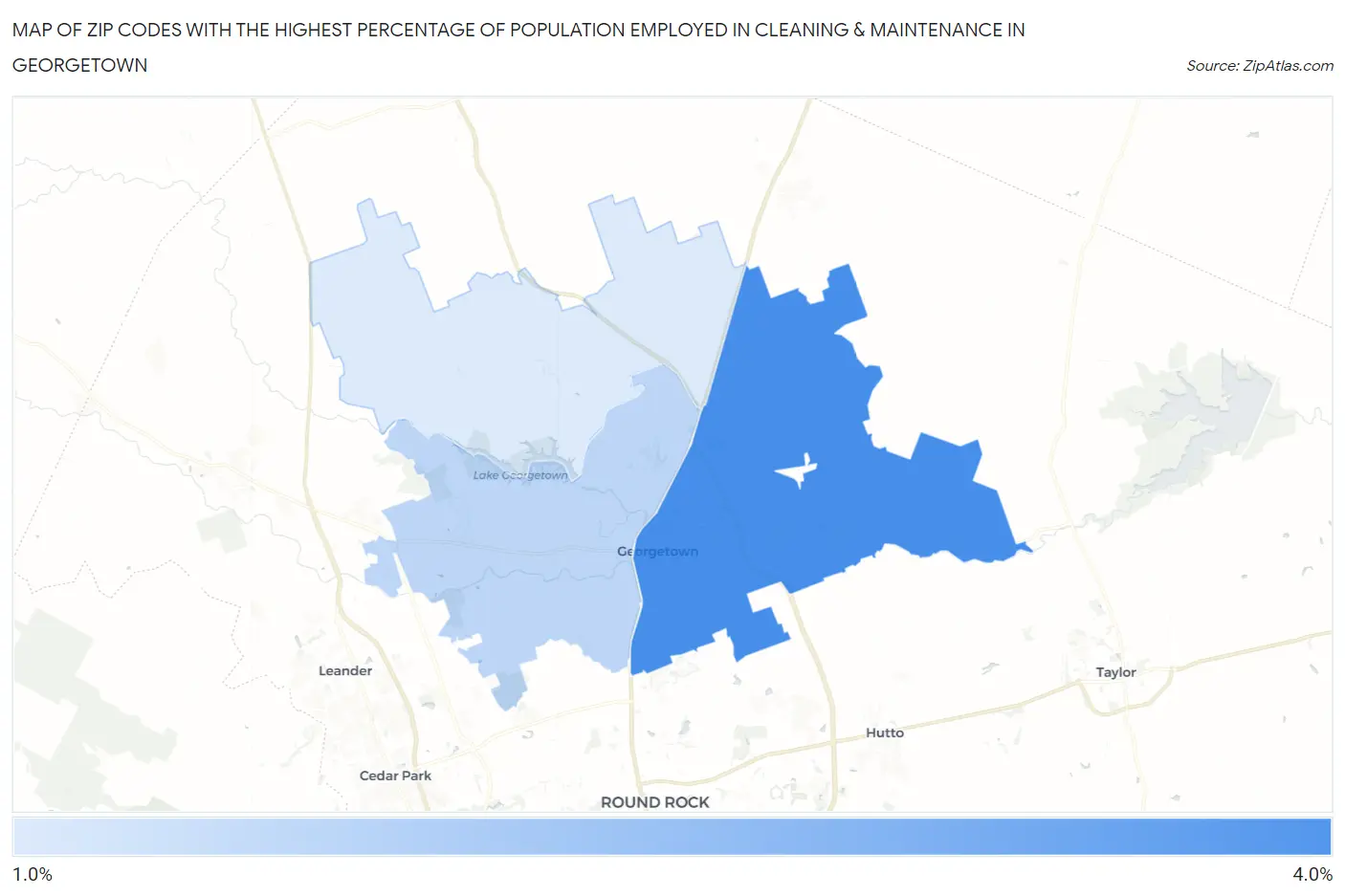 Zip Codes with the Highest Percentage of Population Employed in Cleaning & Maintenance in Georgetown Map
