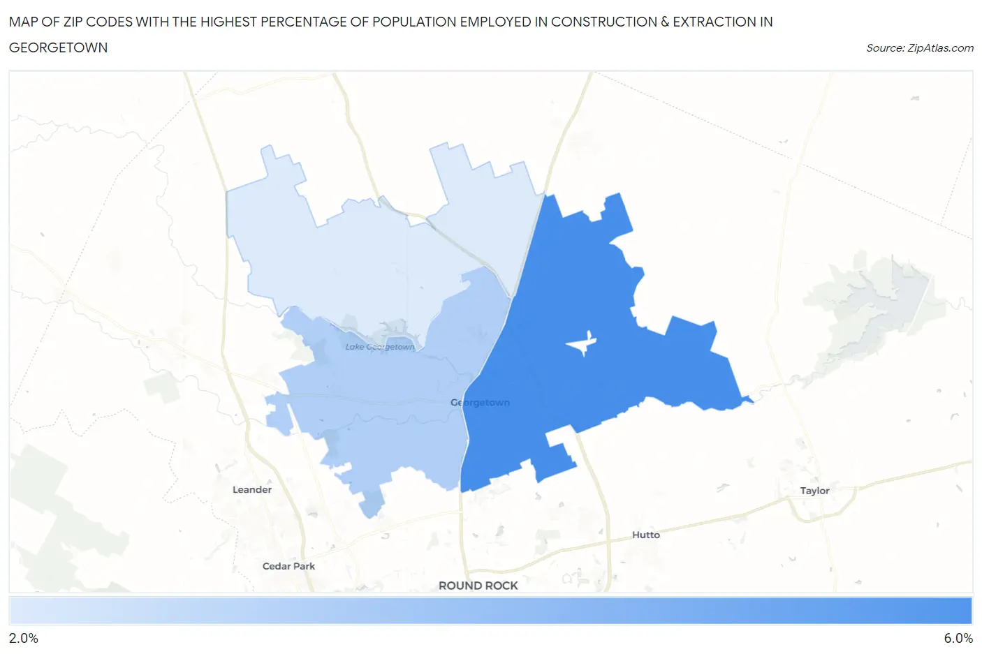 Zip Codes with the Highest Percentage of Population Employed in Construction & Extraction in Georgetown Map