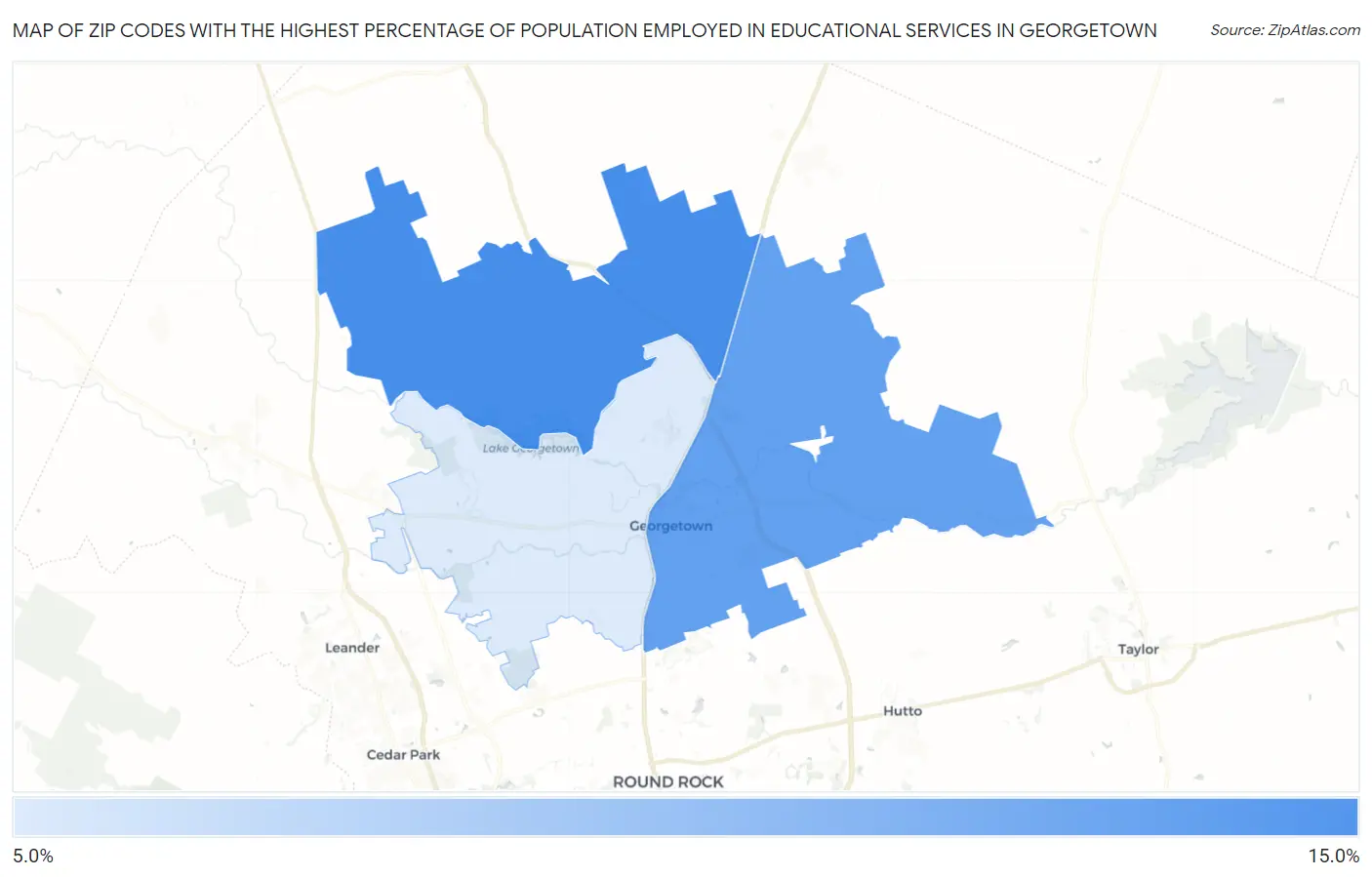 Zip Codes with the Highest Percentage of Population Employed in Educational Services in Georgetown Map