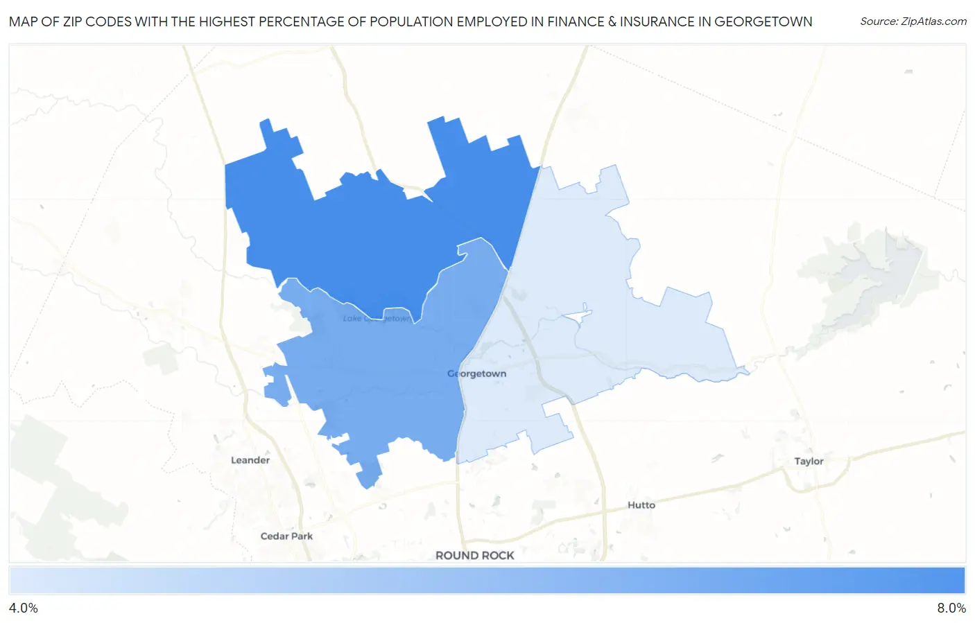 Zip Codes with the Highest Percentage of Population Employed in Finance & Insurance in Georgetown Map