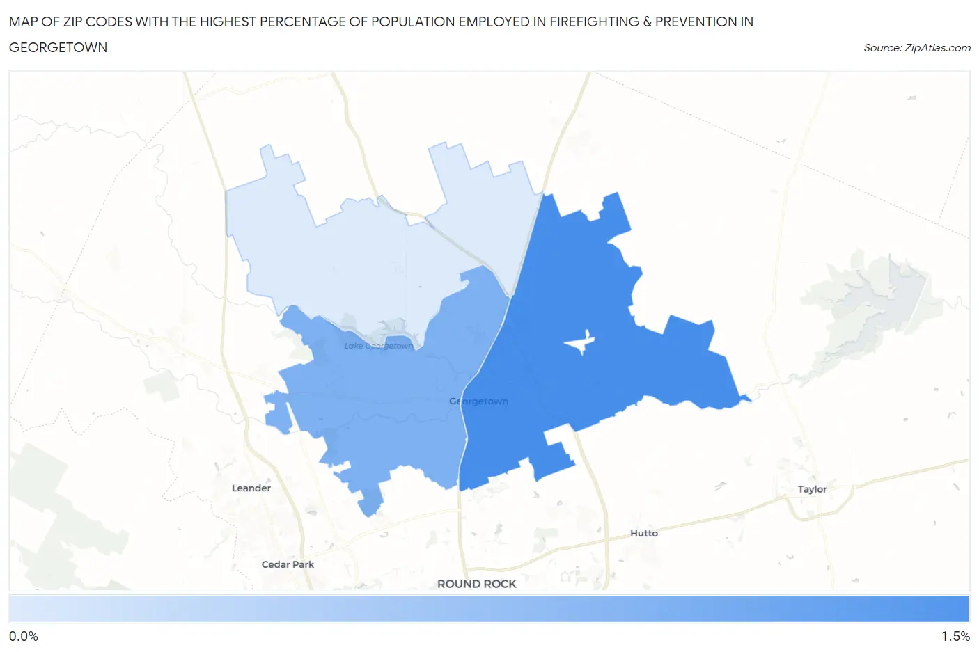 Zip Codes with the Highest Percentage of Population Employed in Firefighting & Prevention in Georgetown Map