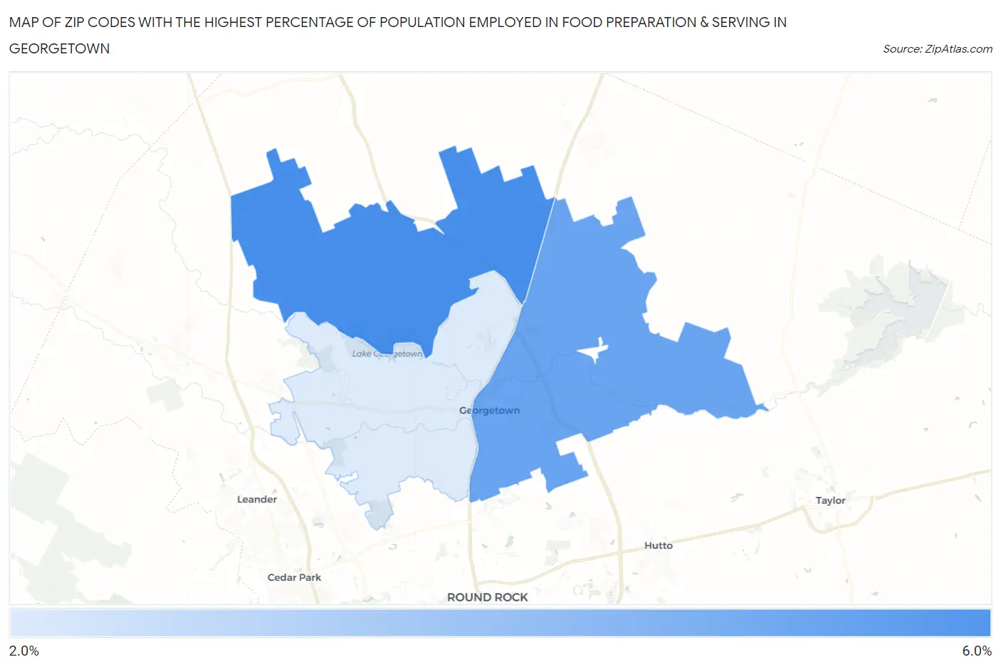 Zip Codes with the Highest Percentage of Population Employed in Food Preparation & Serving in Georgetown Map