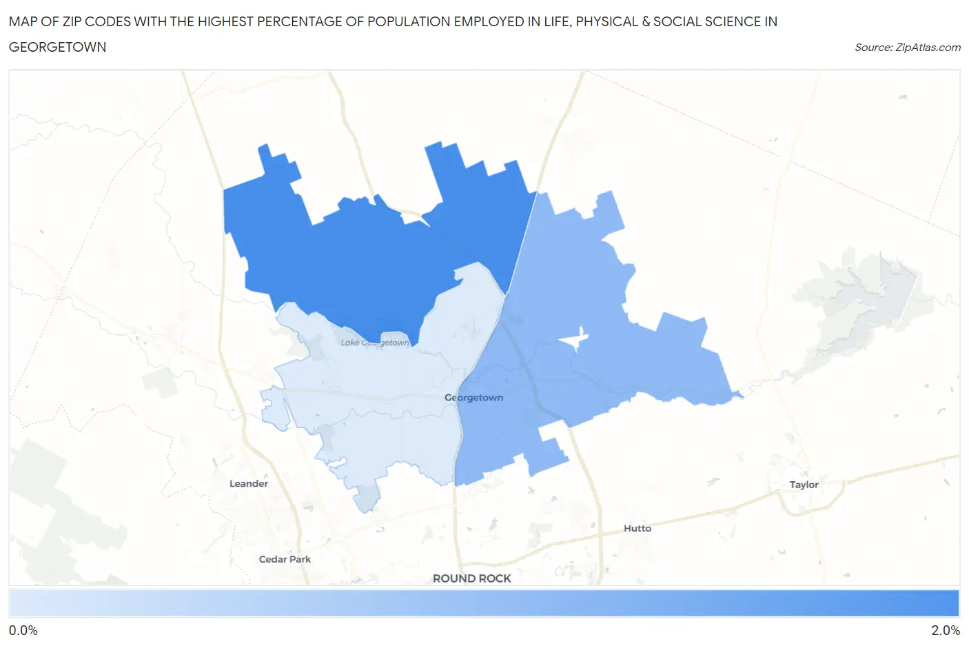 Zip Codes with the Highest Percentage of Population Employed in Life, Physical & Social Science in Georgetown Map