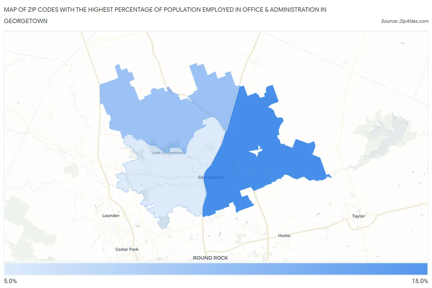 Zip Codes with the Highest Percentage of Population Employed in Office & Administration in Georgetown Map