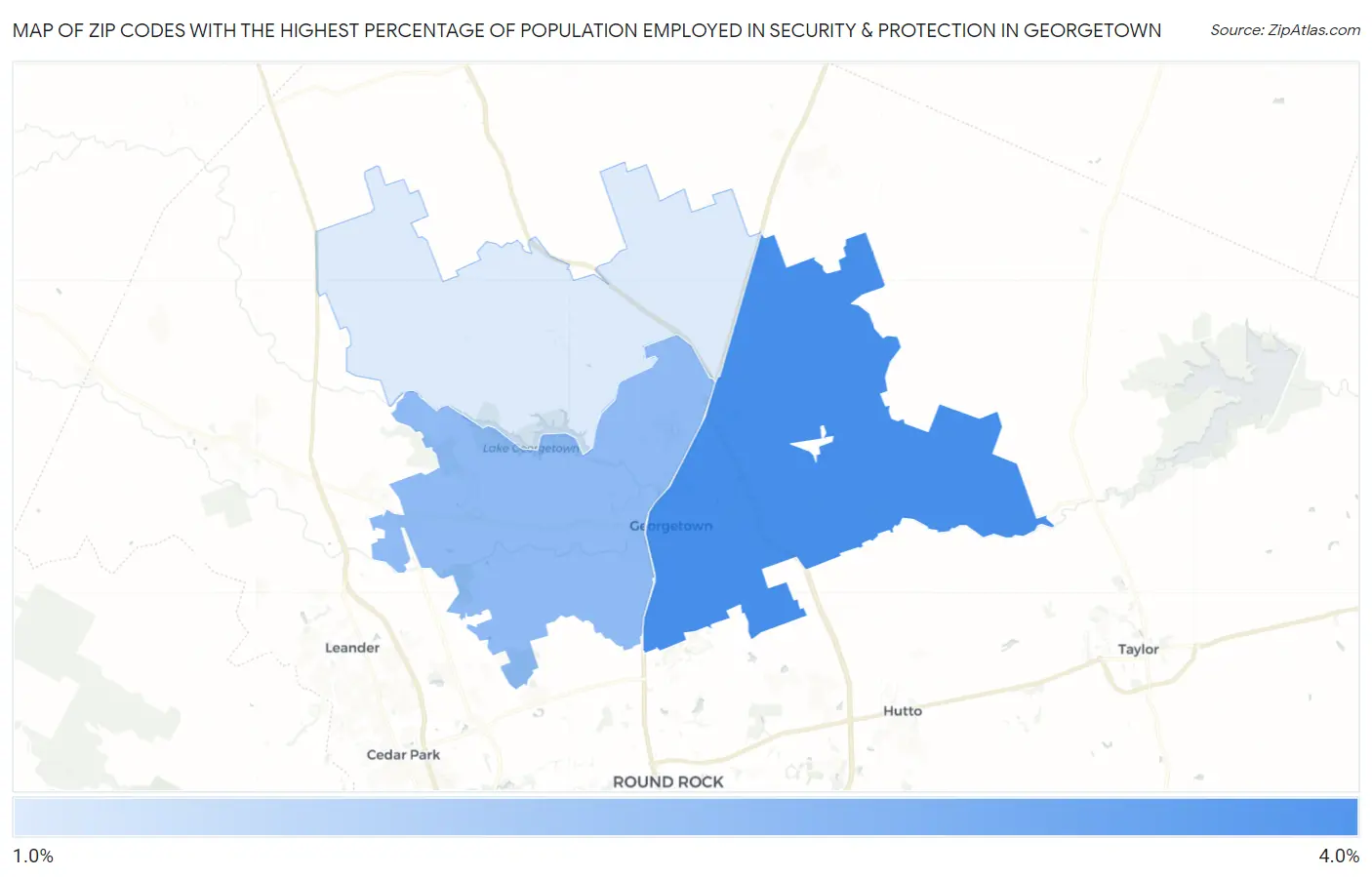 Zip Codes with the Highest Percentage of Population Employed in Security & Protection in Georgetown Map