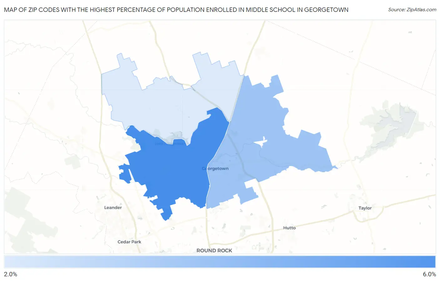 Zip Codes with the Highest Percentage of Population Enrolled in Middle School in Georgetown Map