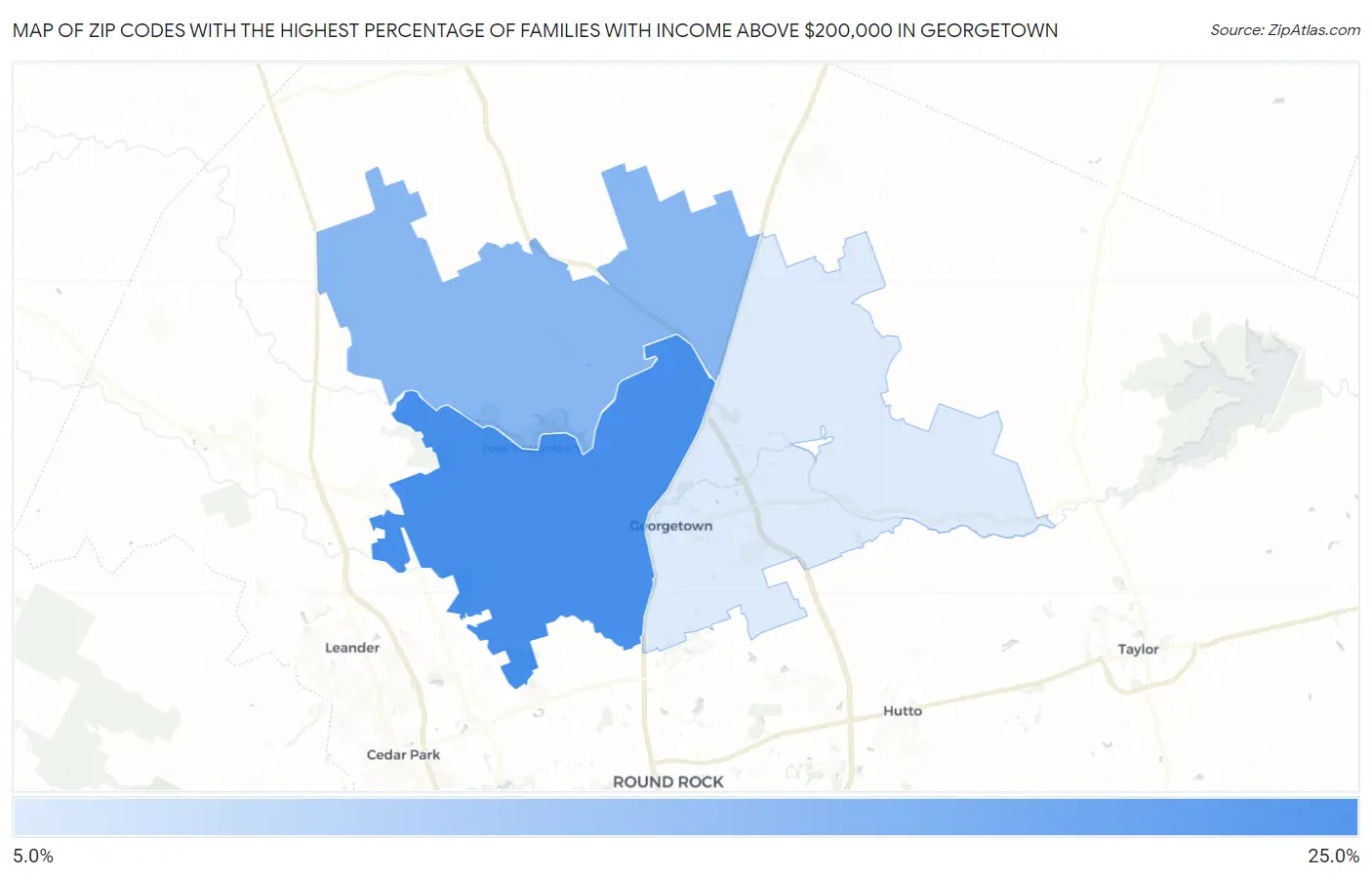 Zip Codes with the Highest Percentage of Families with Income Above $200,000 in Georgetown Map