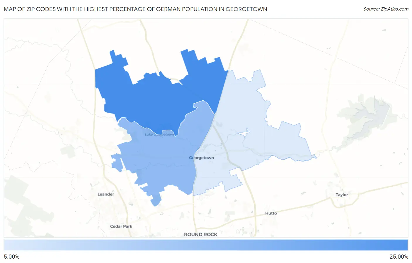 Zip Codes with the Highest Percentage of German Population in Georgetown Map