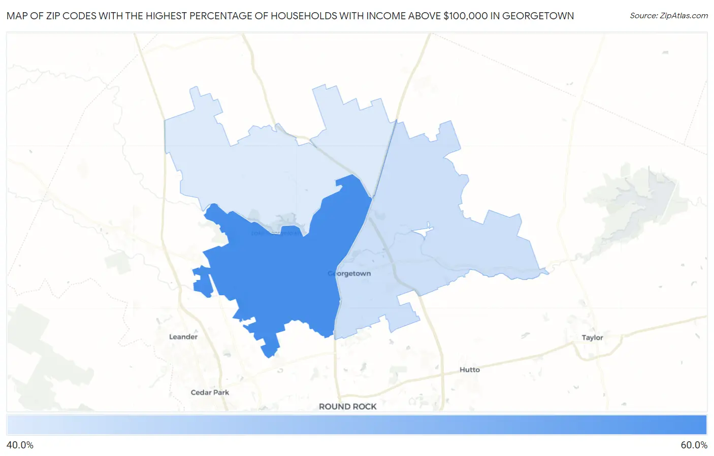 Zip Codes with the Highest Percentage of Households with Income Above $100,000 in Georgetown Map