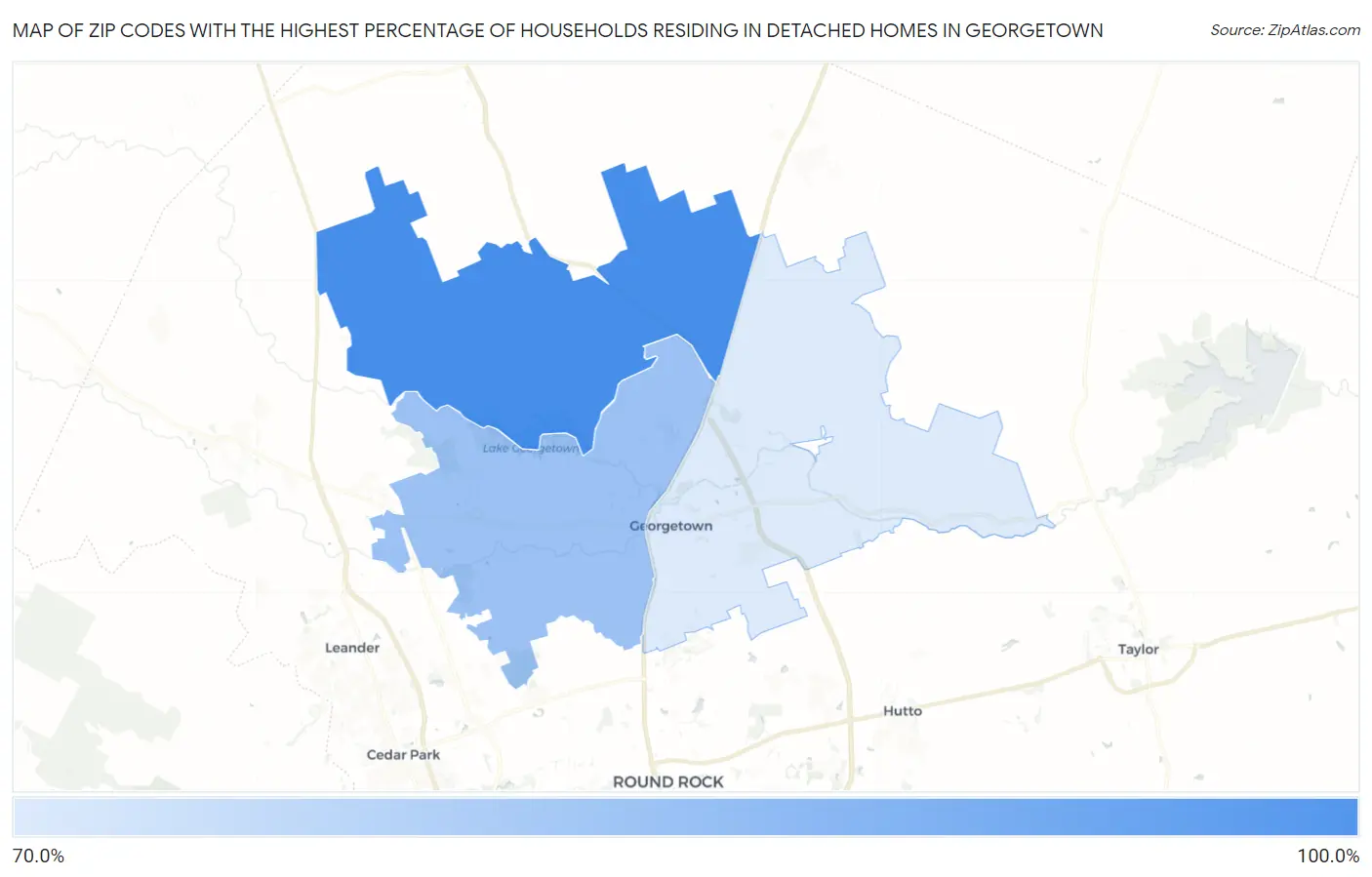 Zip Codes with the Highest Percentage of Households Residing in Detached Homes in Georgetown Map