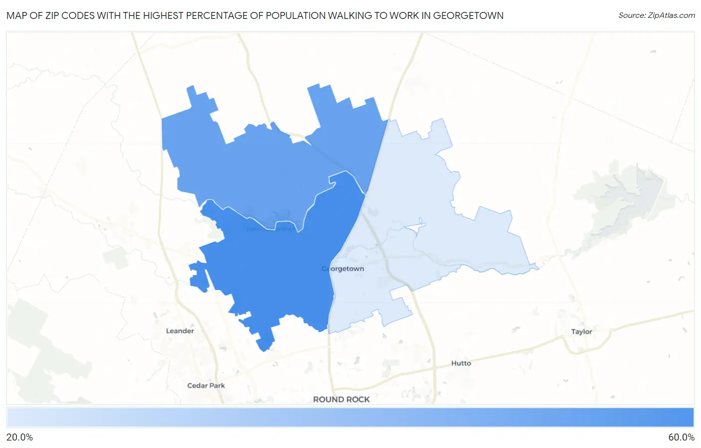 Zip Codes with the Highest Percentage of Population Walking to Work in Georgetown Map