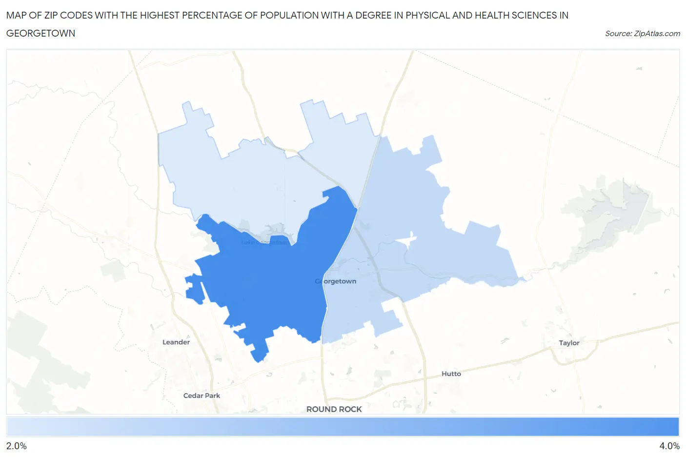 Zip Codes with the Highest Percentage of Population with a Degree in Physical and Health Sciences in Georgetown Map