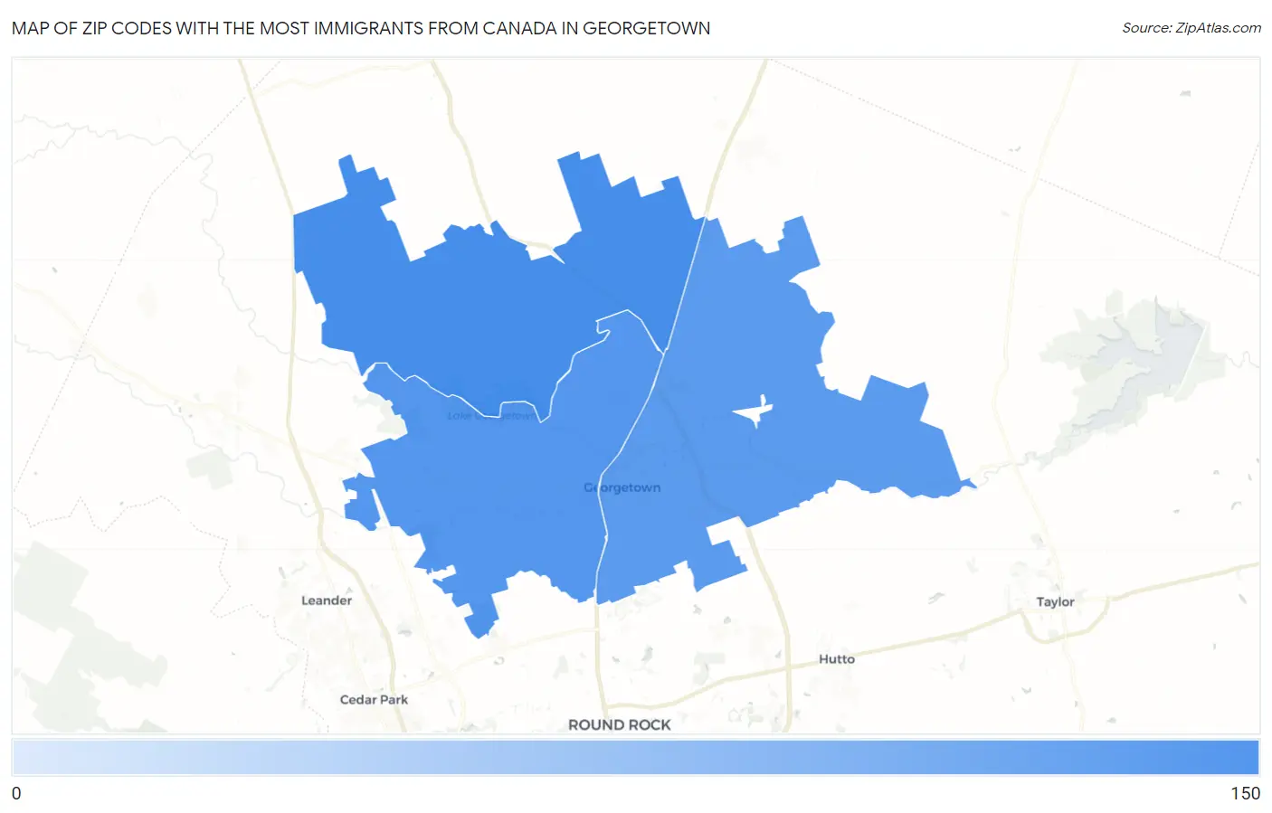 Zip Codes with the Most Immigrants from Canada in Georgetown Map