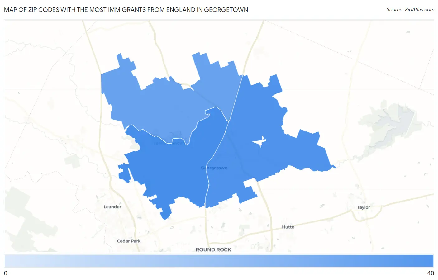 Zip Codes with the Most Immigrants from England in Georgetown Map