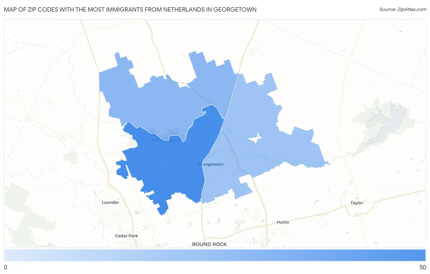 Zip Codes with the Most Immigrants from Netherlands in Georgetown Map