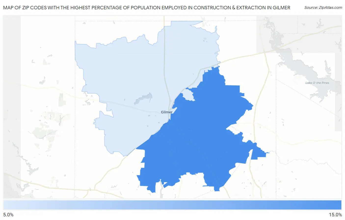 Zip Codes with the Highest Percentage of Population Employed in Construction & Extraction in Gilmer Map