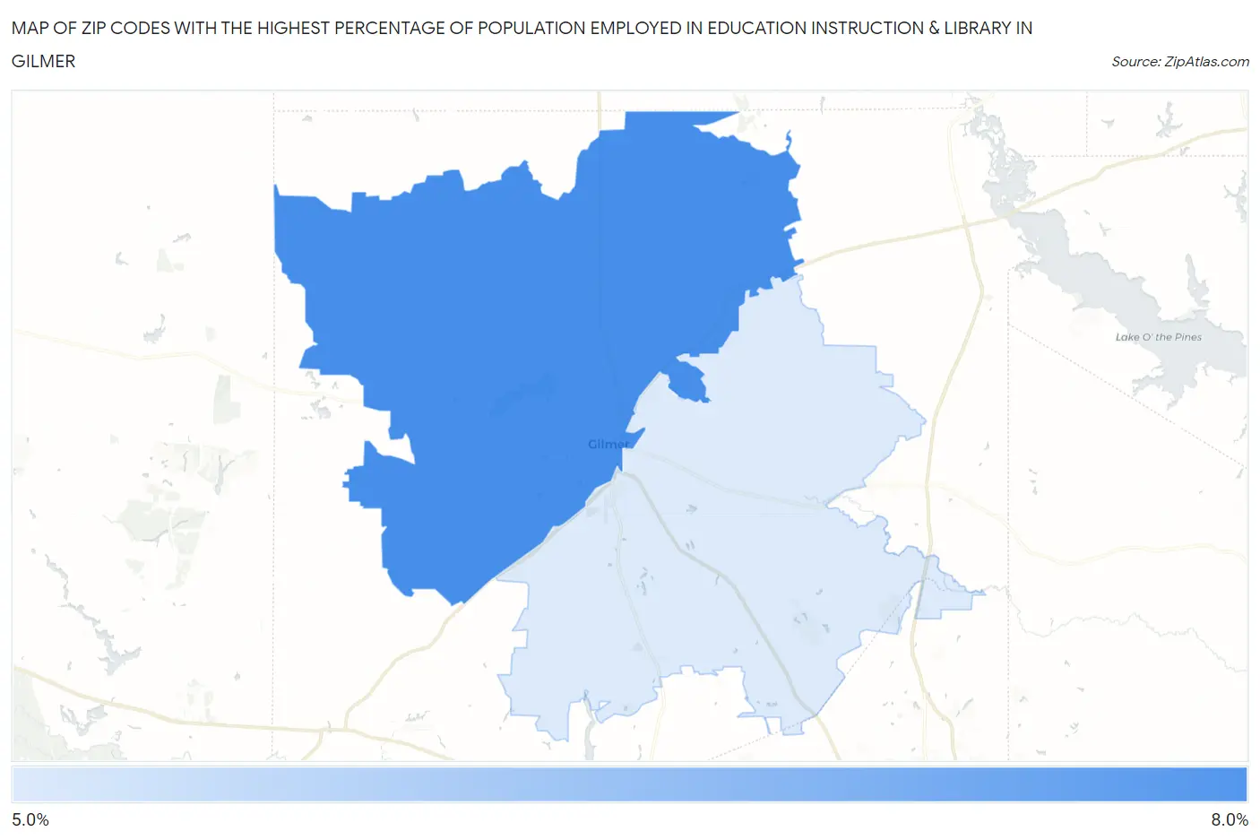Zip Codes with the Highest Percentage of Population Employed in Education Instruction & Library in Gilmer Map