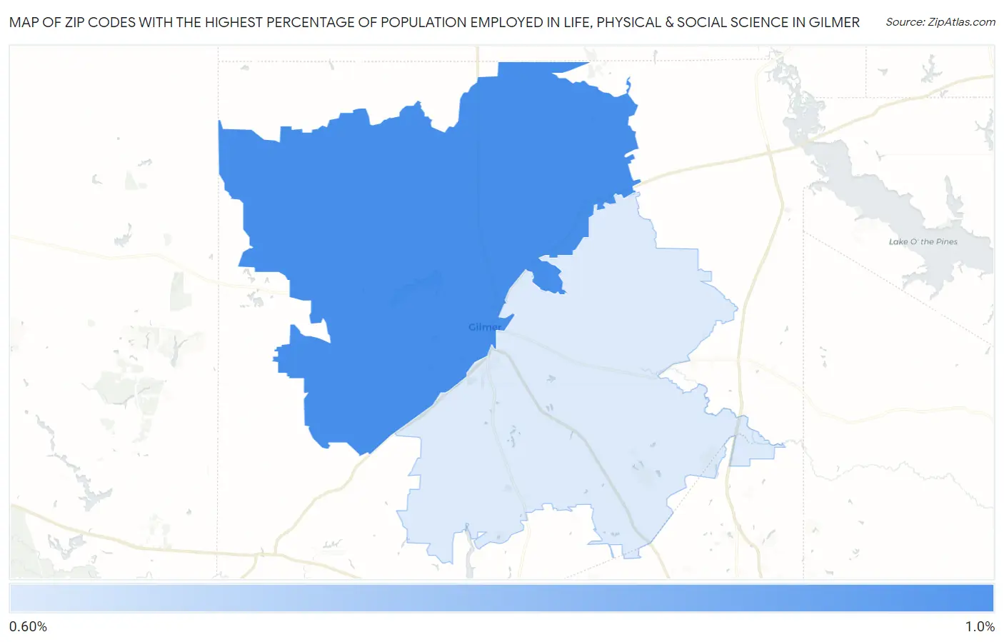 Zip Codes with the Highest Percentage of Population Employed in Life, Physical & Social Science in Gilmer Map
