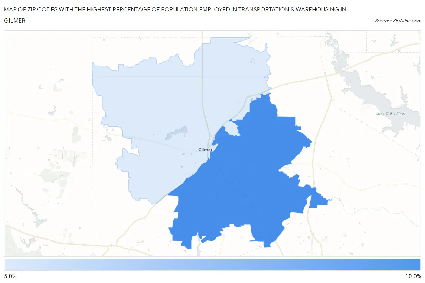 Zip Codes with the Highest Percentage of Population Employed in Transportation & Warehousing in Gilmer Map