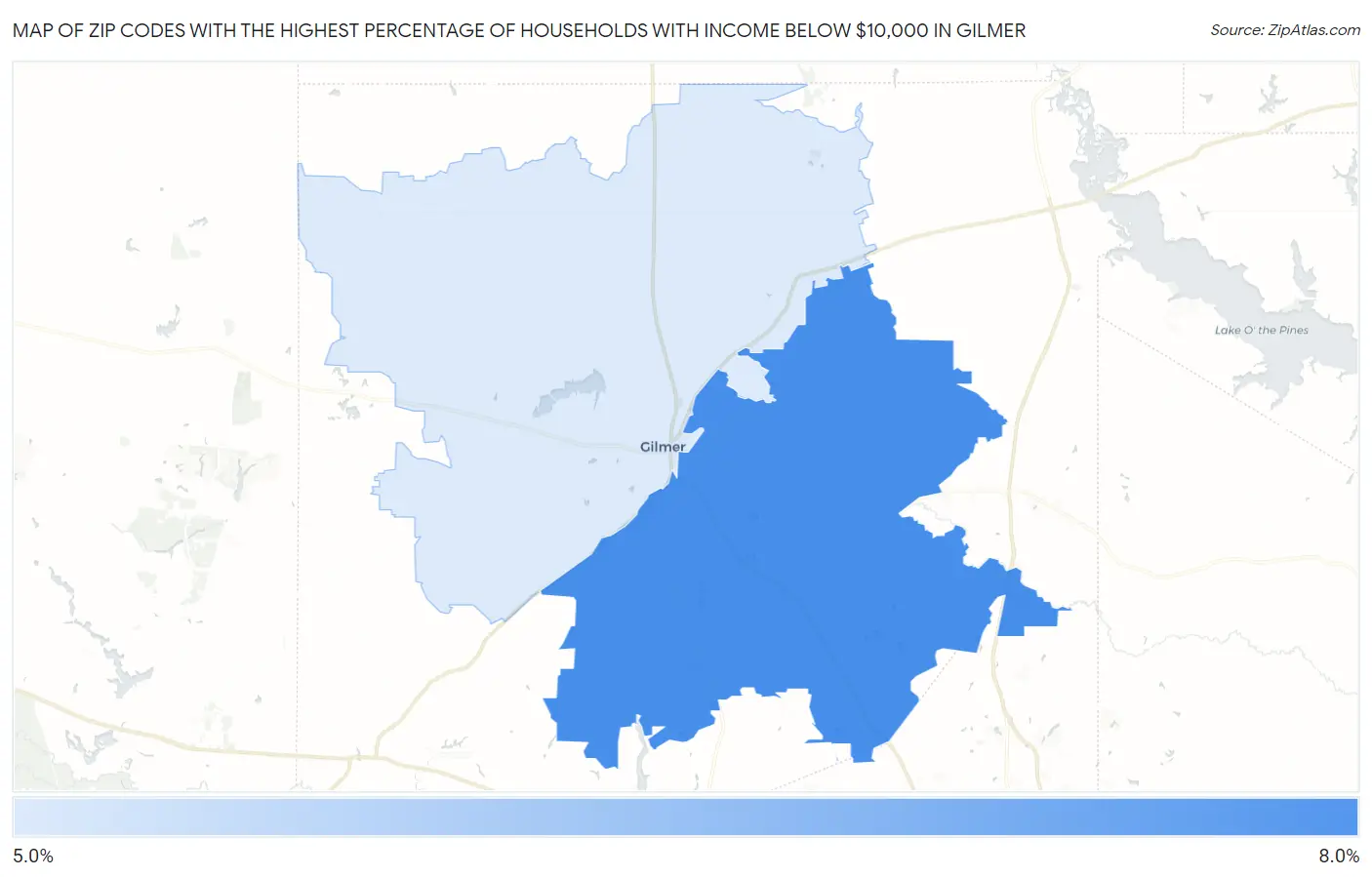 Zip Codes with the Highest Percentage of Households with Income Below $10,000 in Gilmer Map