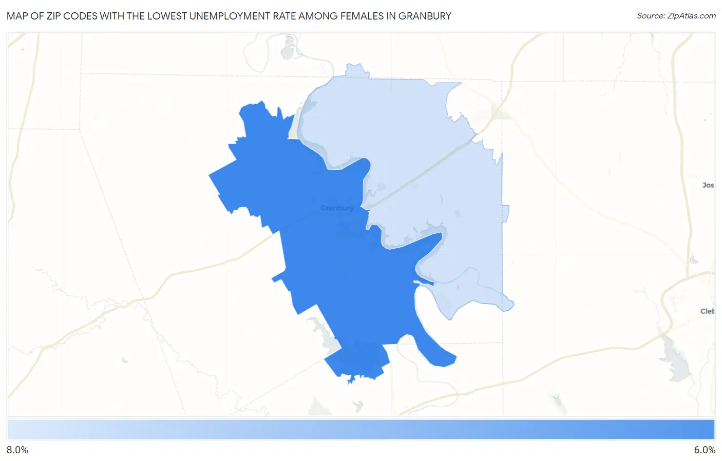 Zip Codes with the Lowest Unemployment Rate Among Females in Granbury Map