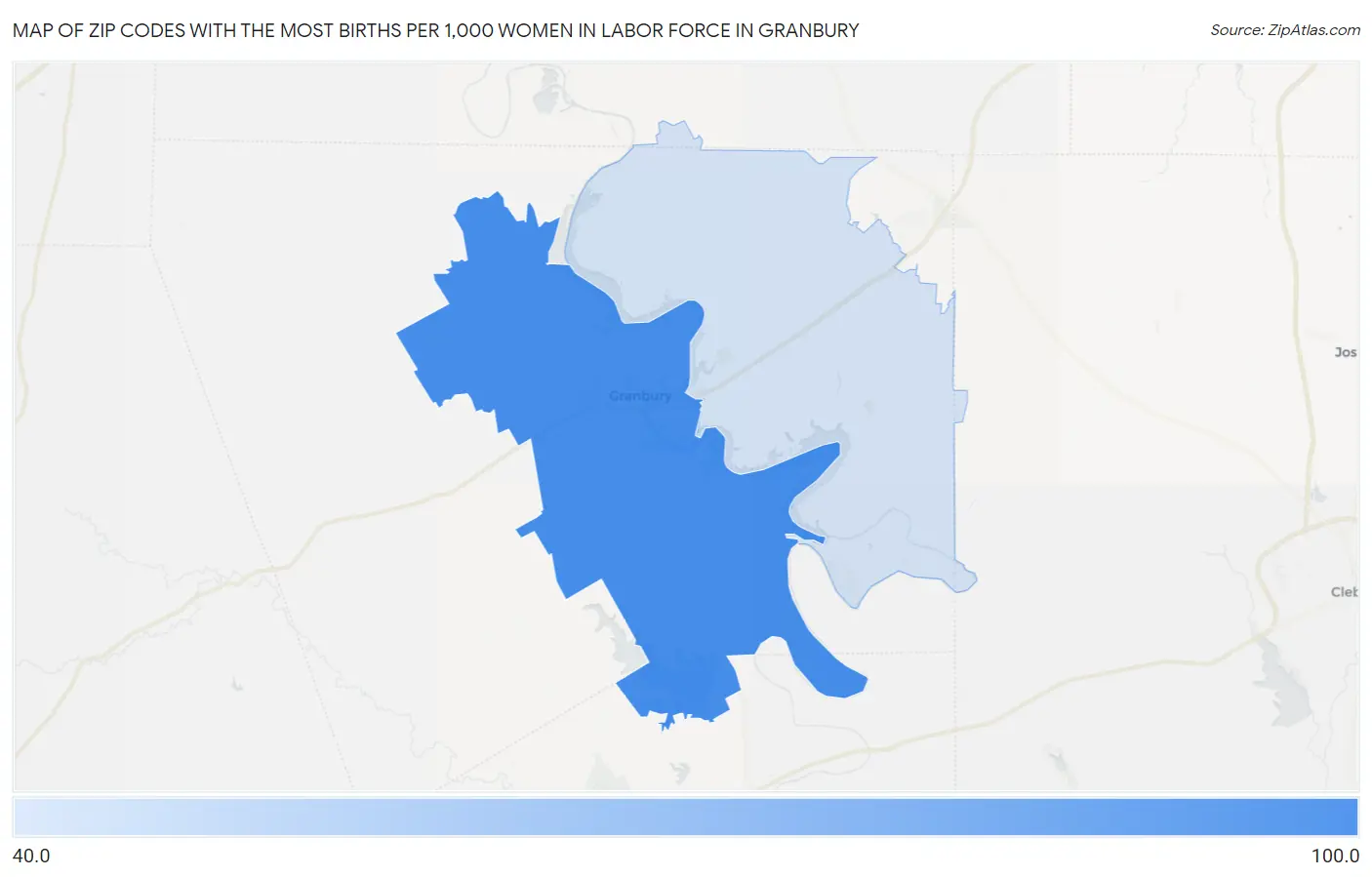 Zip Codes with the Most Births per 1,000 Women in Labor Force in Granbury Map