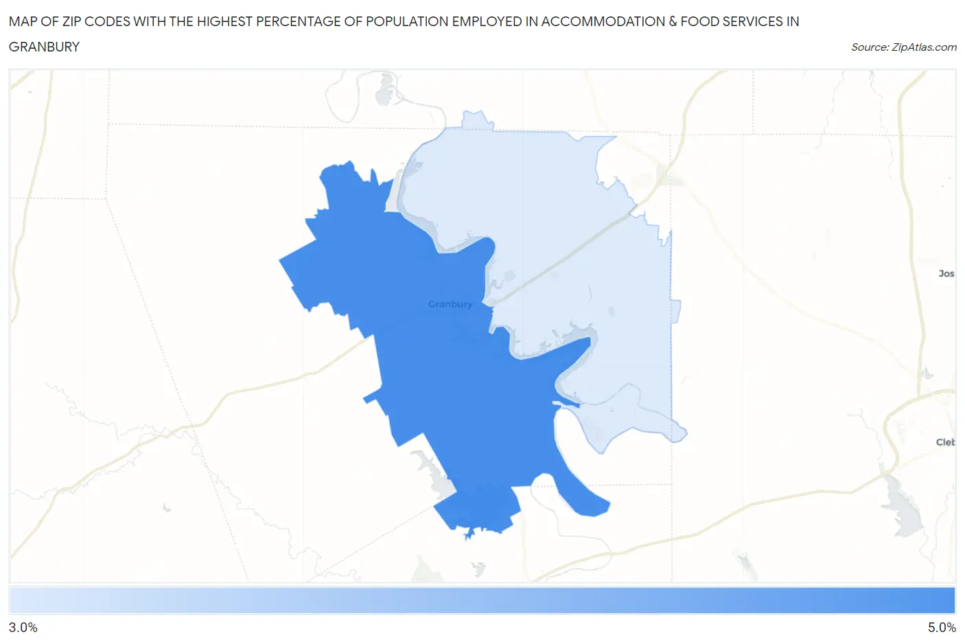 Zip Codes with the Highest Percentage of Population Employed in Accommodation & Food Services in Granbury Map