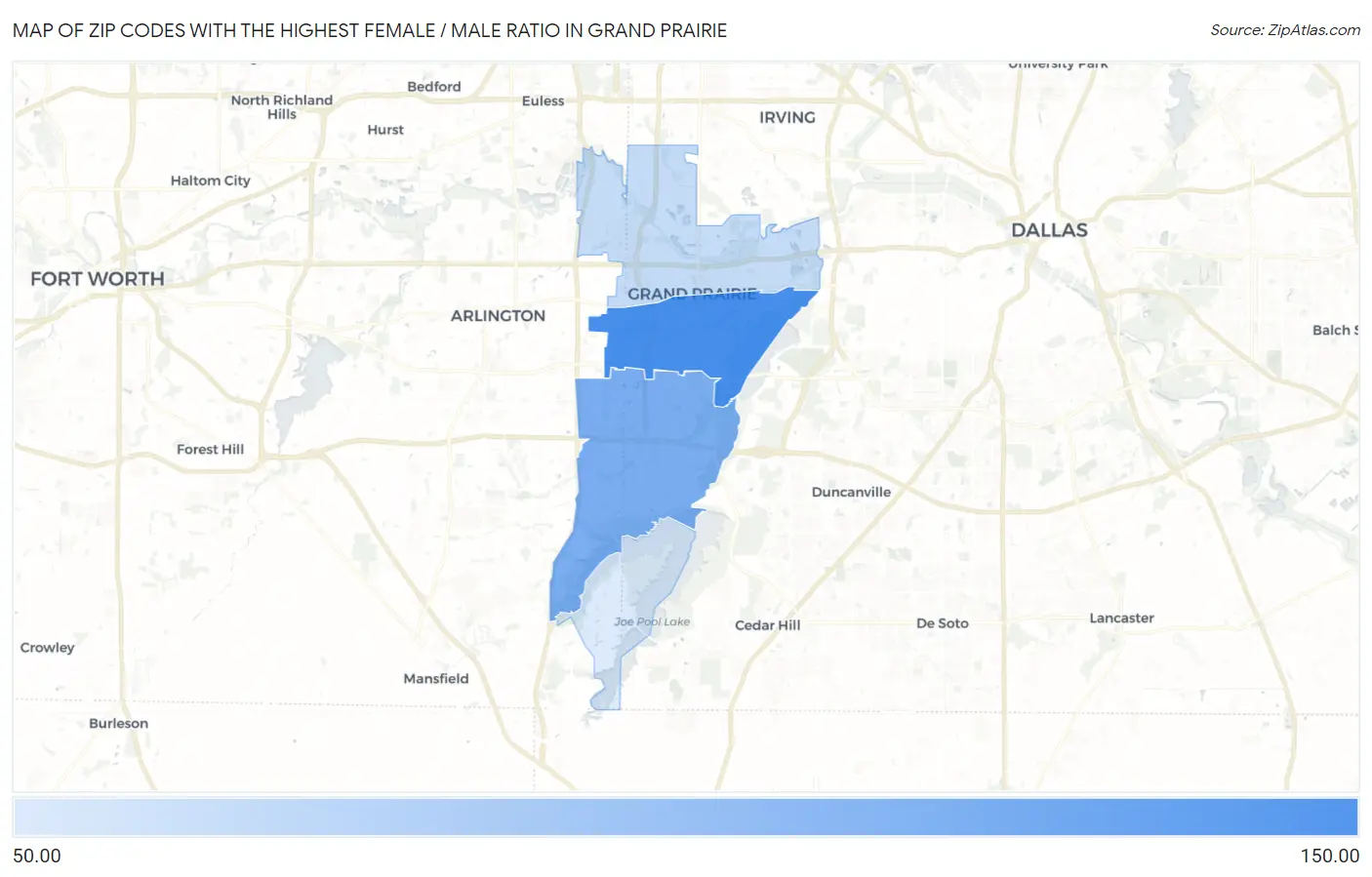 Zip Codes with the Highest Female / Male Ratio in Grand Prairie Map