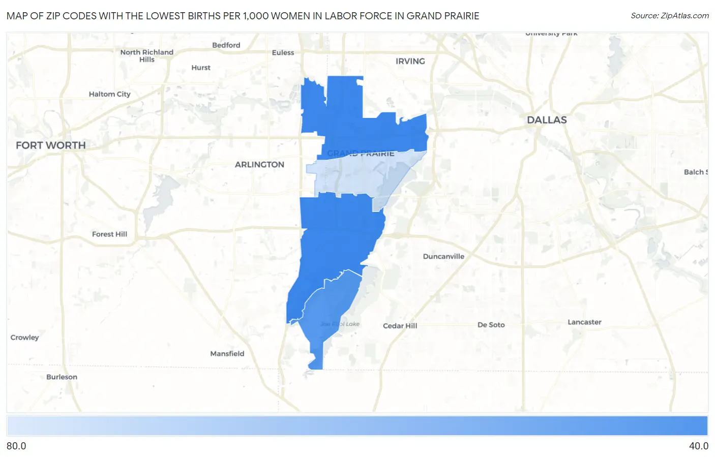 Zip Codes with the Lowest Births per 1,000 Women in Labor Force in Grand Prairie Map