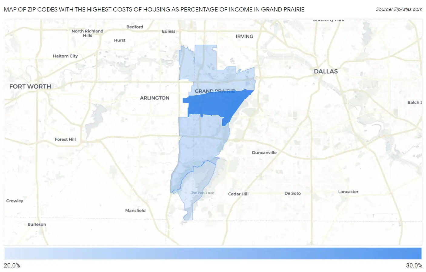 Zip Codes with the Highest Costs of Housing as Percentage of Income in Grand Prairie Map
