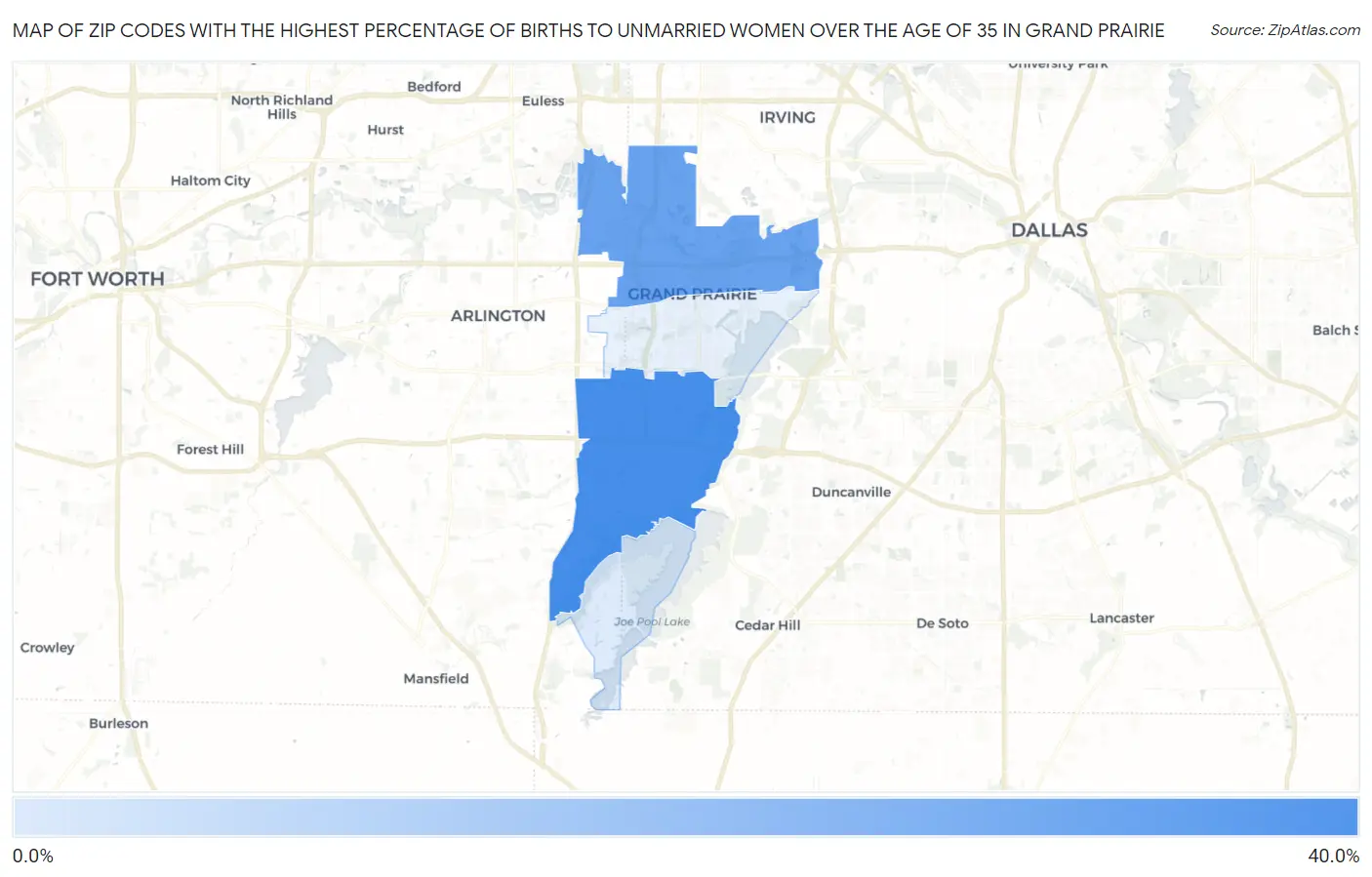 Zip Codes with the Highest Percentage of Births to Unmarried Women over the Age of 35 in Grand Prairie Map