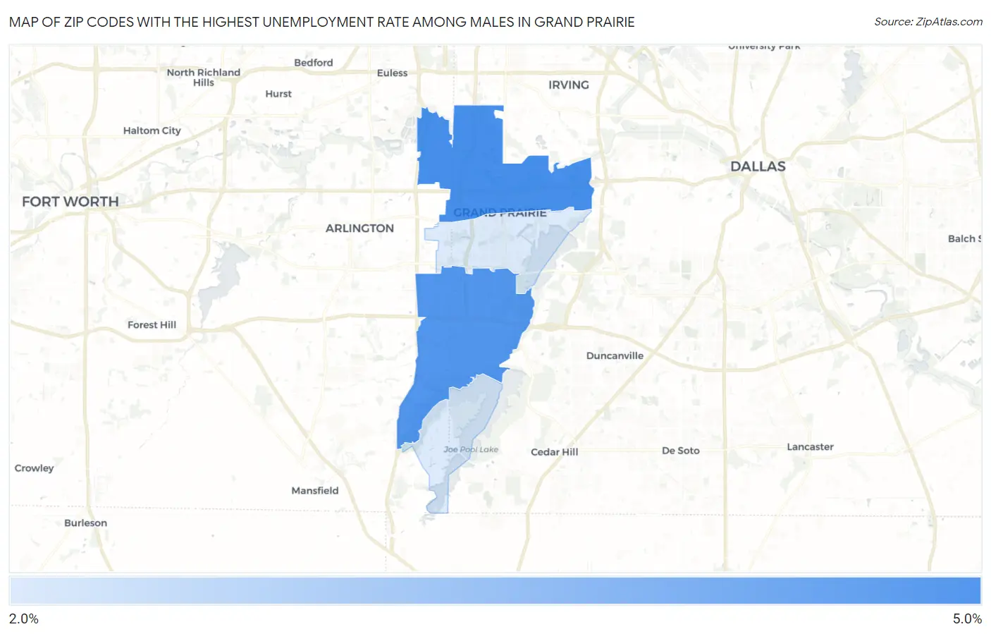 Zip Codes with the Highest Unemployment Rate Among Males in Grand Prairie Map