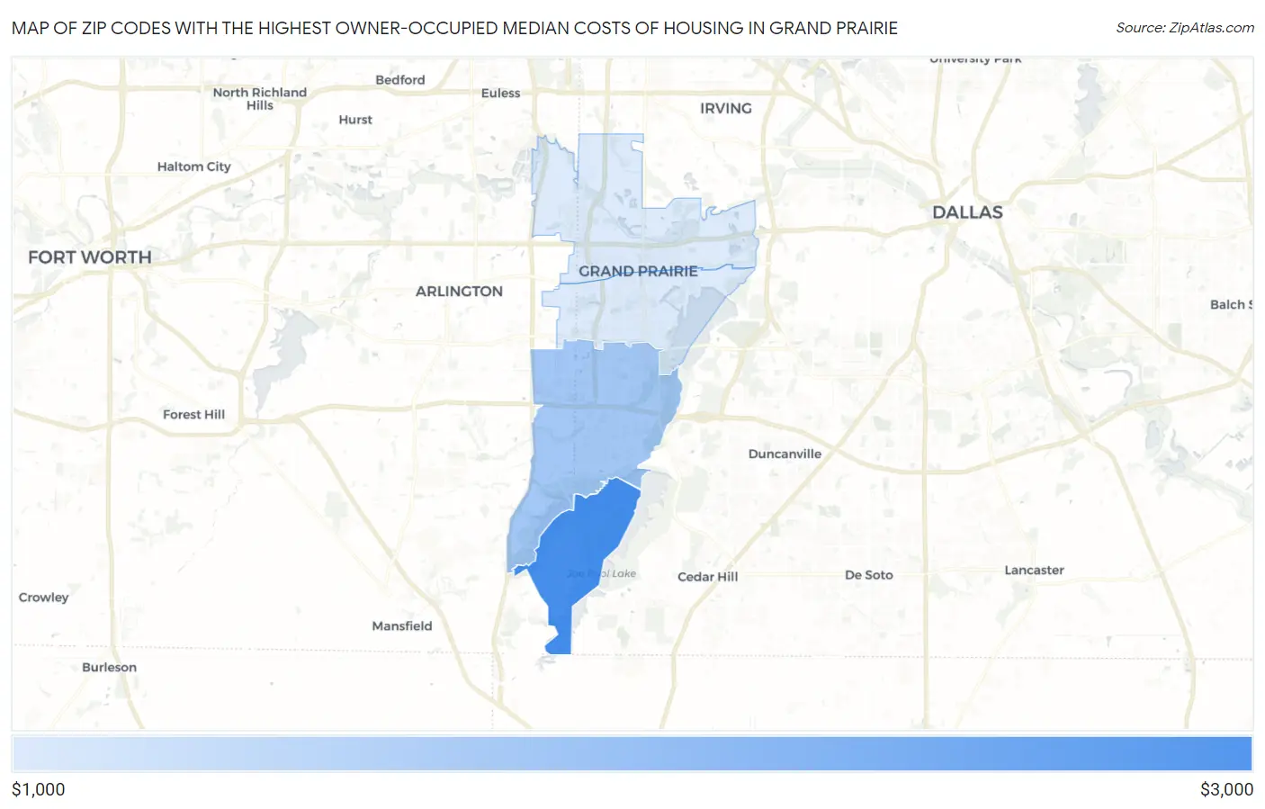 Zip Codes with the Highest Owner-Occupied Median Costs of Housing in Grand Prairie Map