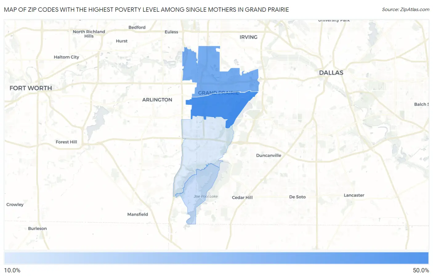 Zip Codes with the Highest Poverty Level Among Single Mothers in Grand Prairie Map