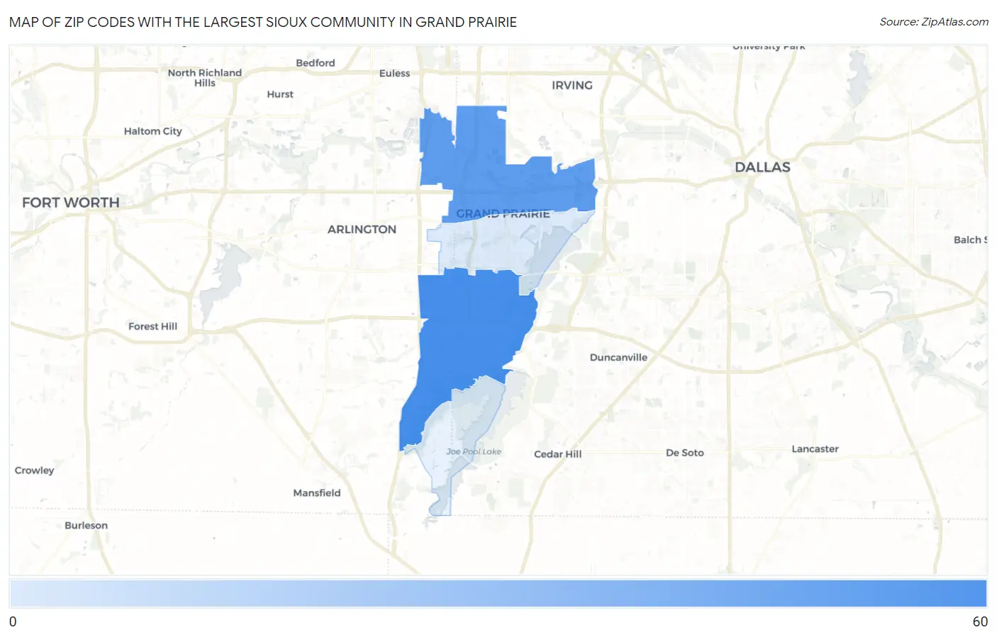 Zip Codes with the Largest Sioux Community in Grand Prairie Map