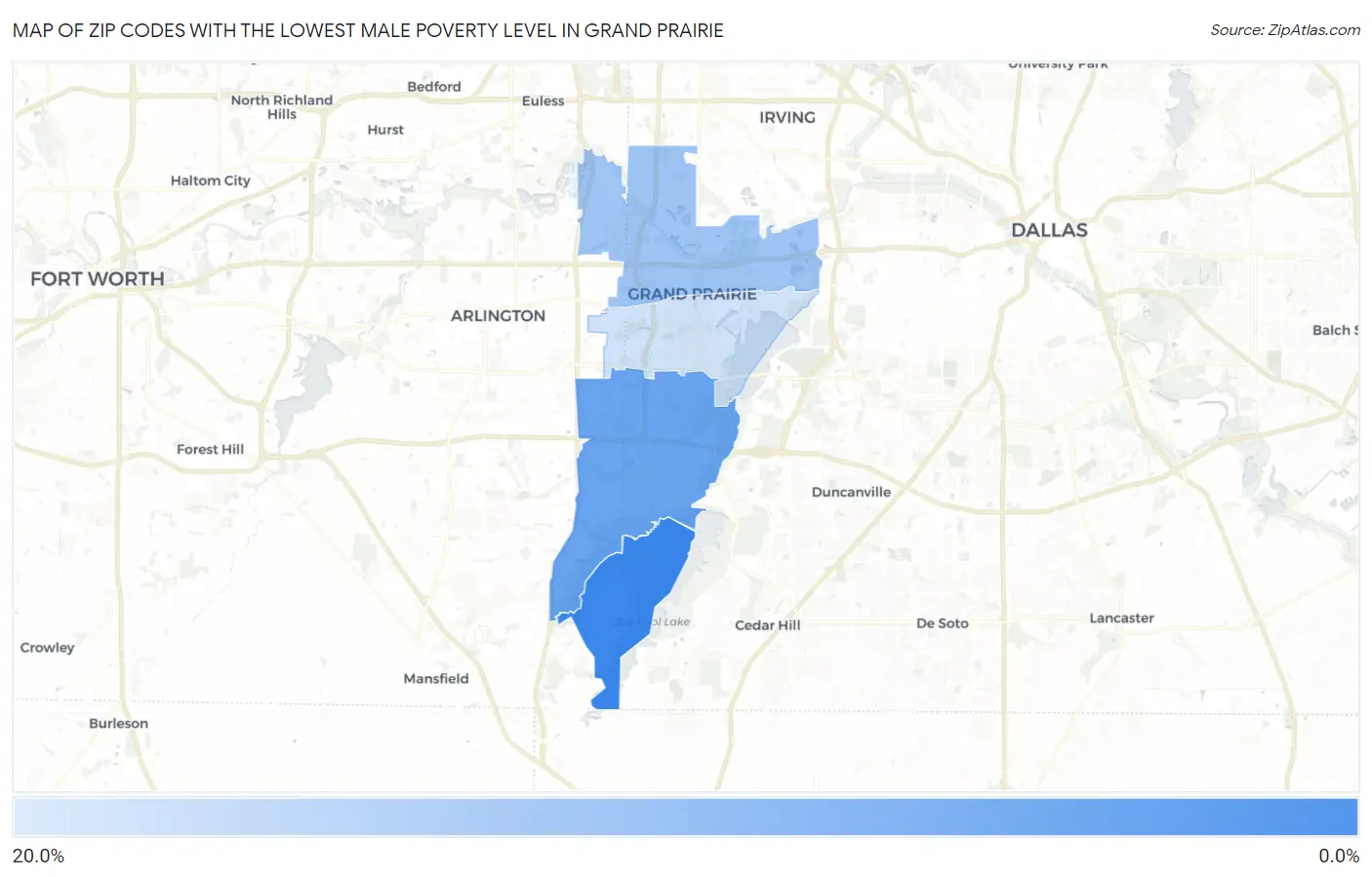 Zip Codes with the Lowest Male Poverty Level in Grand Prairie Map