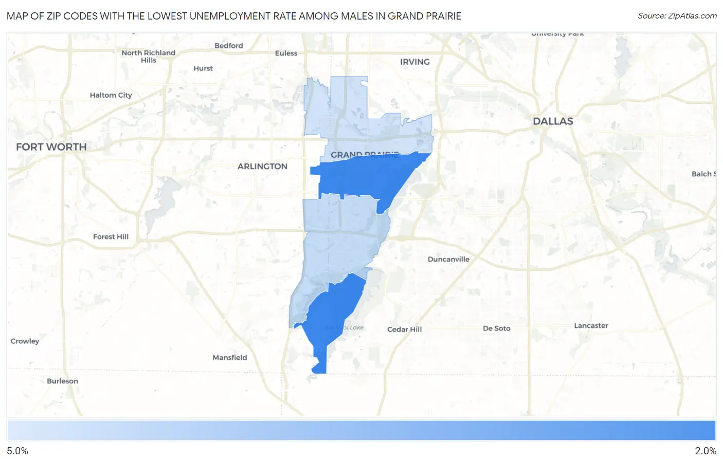Zip Codes with the Lowest Unemployment Rate Among Males in Grand Prairie Map