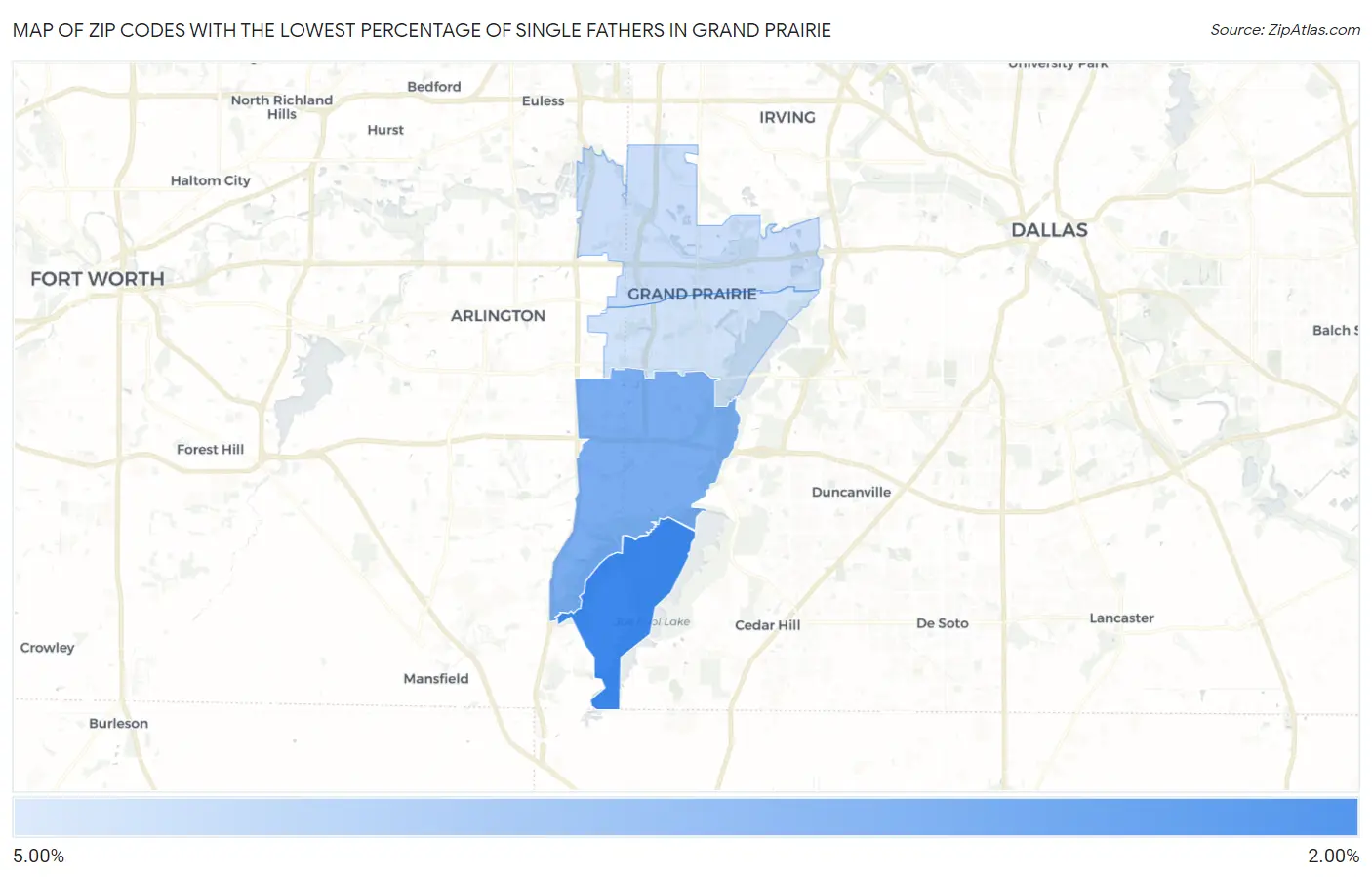 Zip Codes with the Lowest Percentage of Single Fathers in Grand Prairie Map