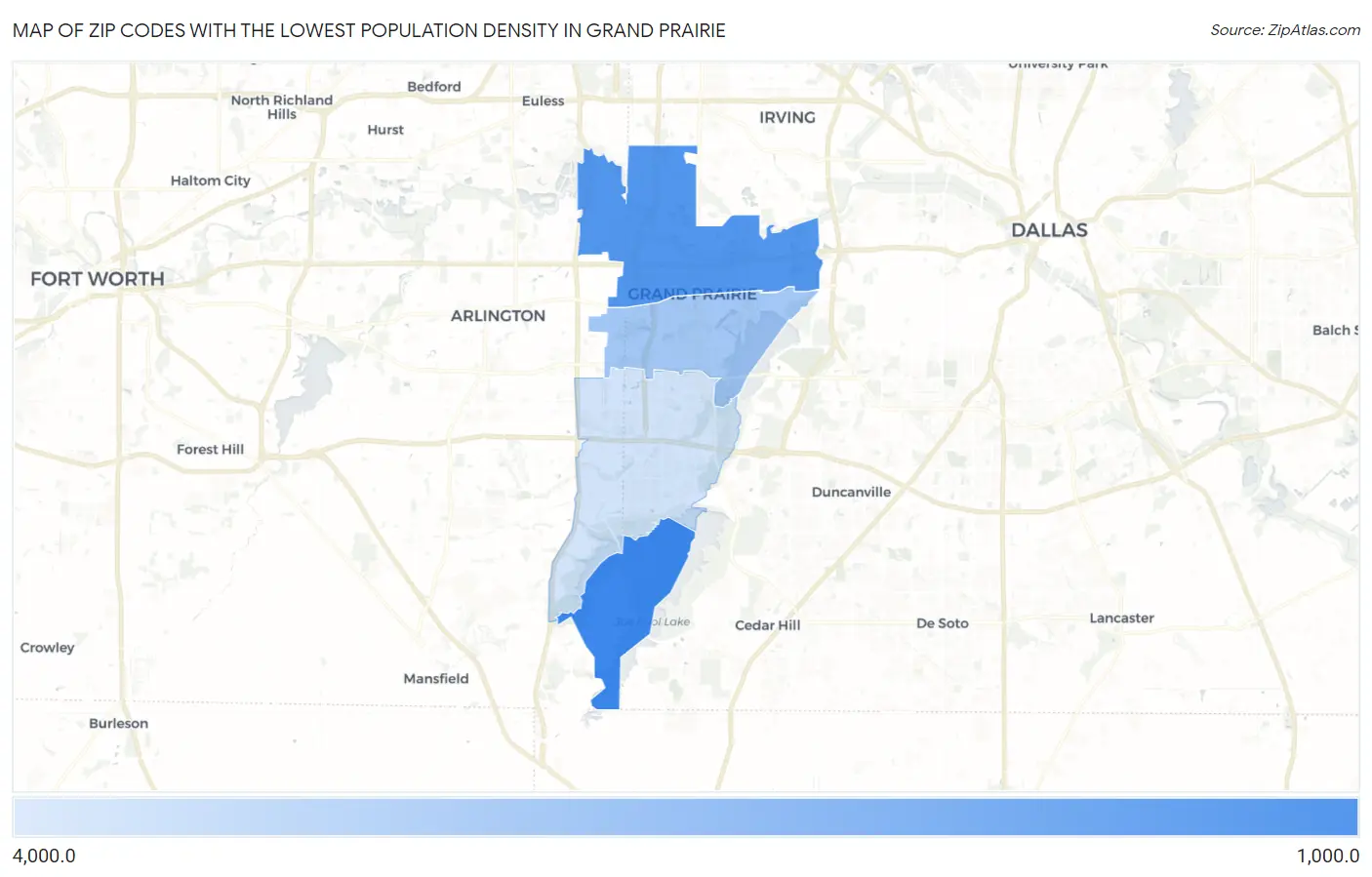 Zip Codes with the Lowest Population Density in Grand Prairie Map
