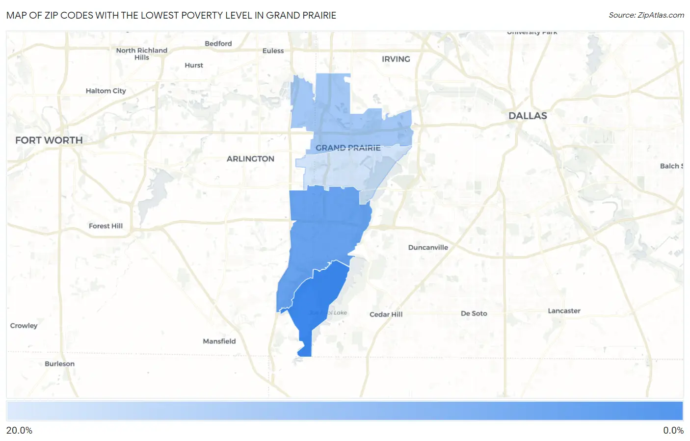 Zip Codes with the Lowest Poverty Level in Grand Prairie Map