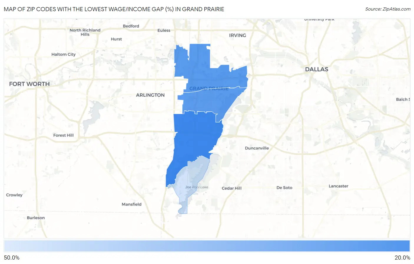 Zip Codes with the Lowest Wage/Income Gap (%) in Grand Prairie Map