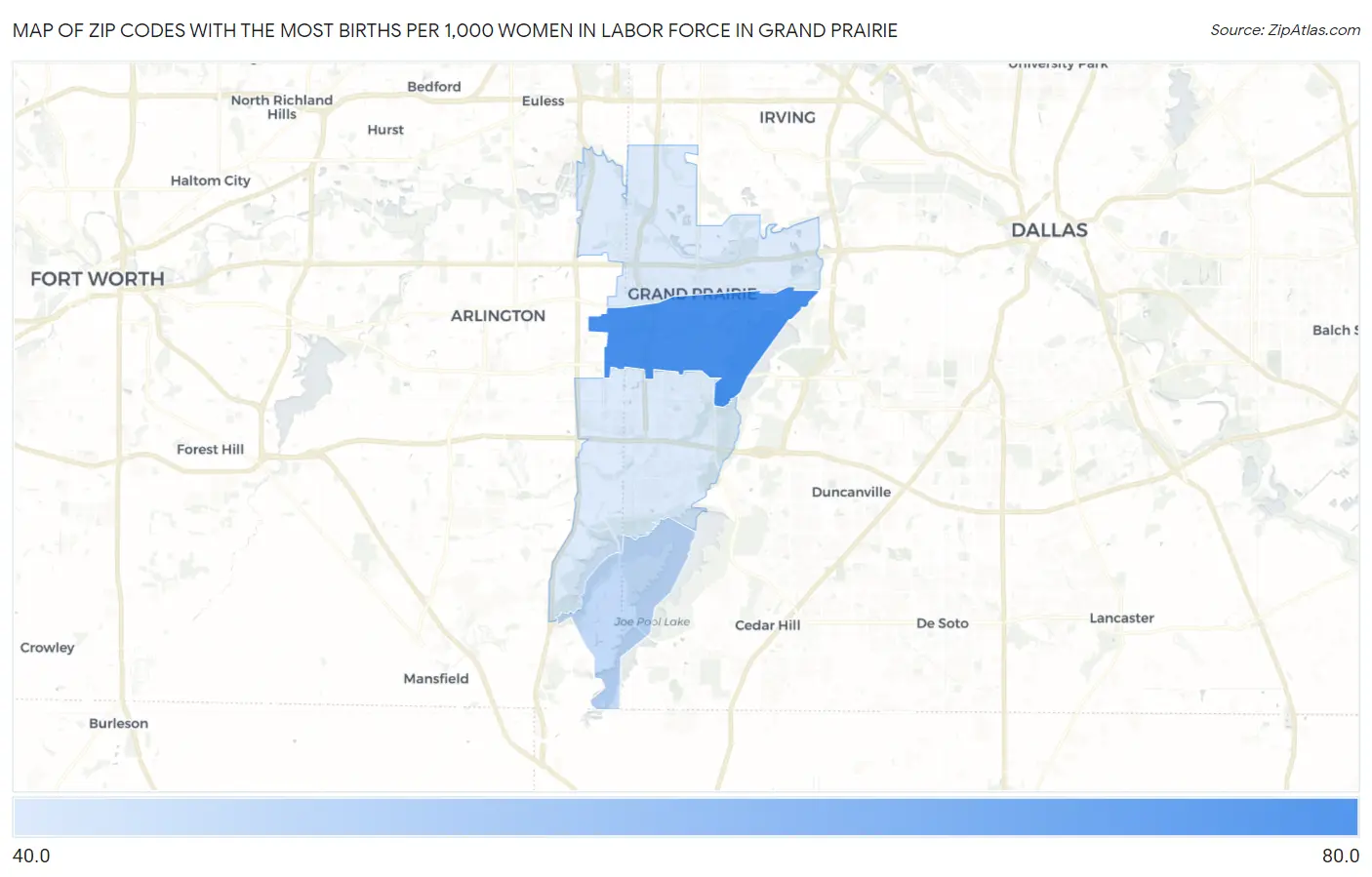 Zip Codes with the Most Births per 1,000 Women in Labor Force in Grand Prairie Map