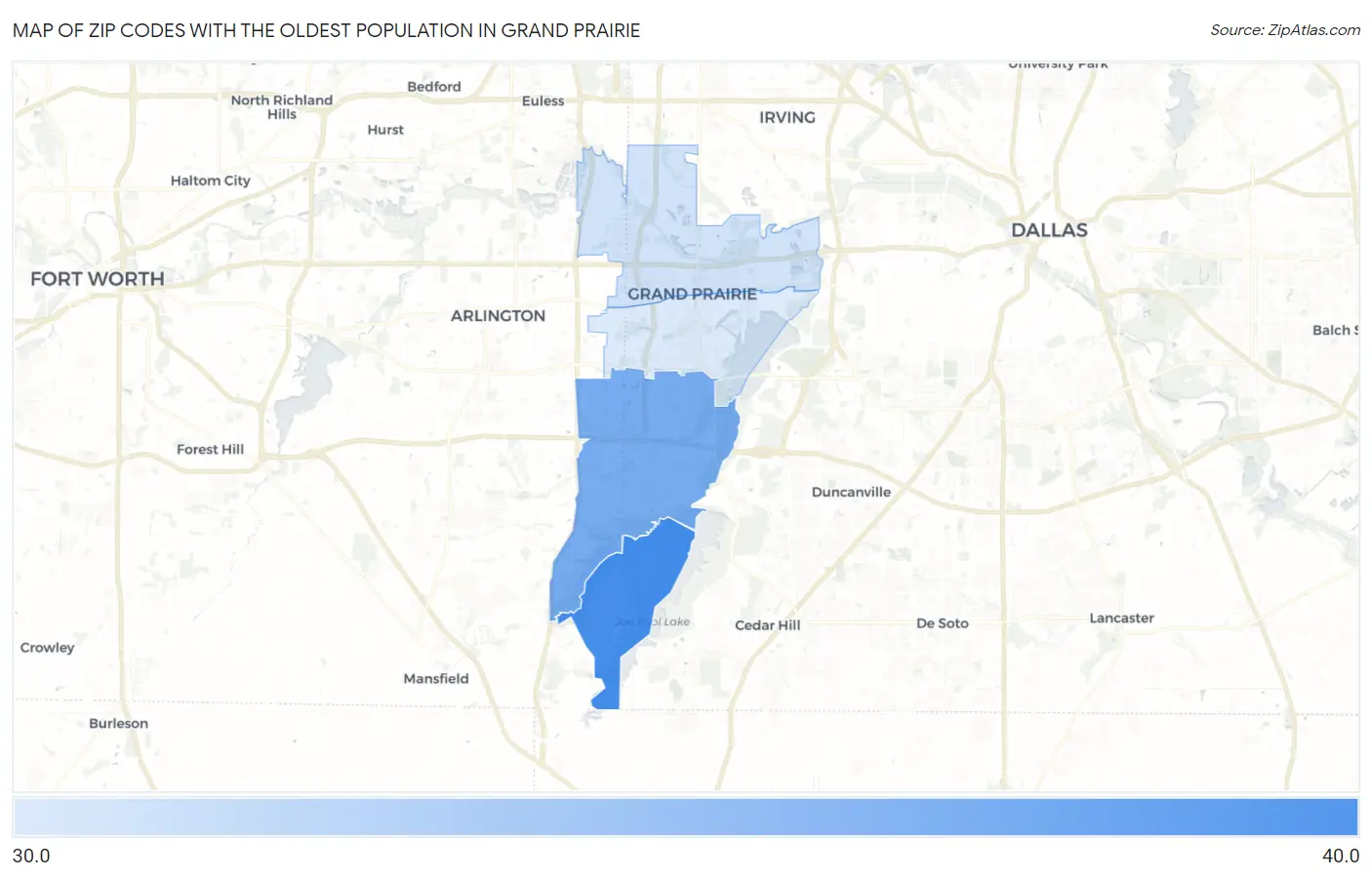 Zip Codes with the Oldest Population in Grand Prairie Map