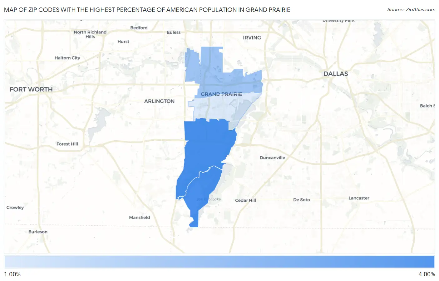 Zip Codes with the Highest Percentage of American Population in Grand Prairie Map